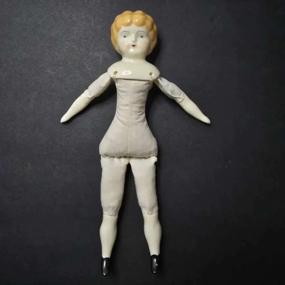 Antique German China Head Doll Lowbrow Boots porcelain arms legs Cloth Body 11